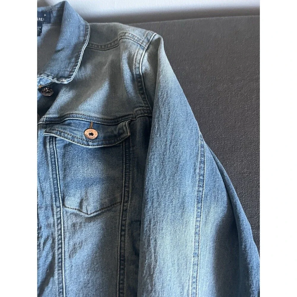 Lark + Grey Women’s Blue Denim Jacket Button Front Collared Stretch Short L